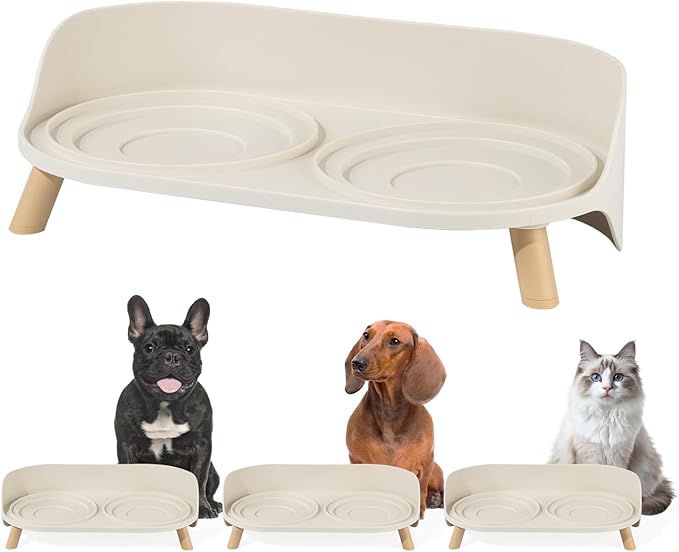 Slow Feeder Cat Bowls with Stand - Double Ceramic Cat Dishes and Splash-Proof Base Bundle - Elevated Feeding Station - White & Green