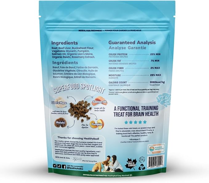 healthybud Mini Dog Training Treats - Beef Liver Soft Trainer Bites, 500+ Bits, 1 kCal per Bite, 6.5oz, Reishi, Lion’s Mane, Salmon Oil, Puppy Chews (Beef)