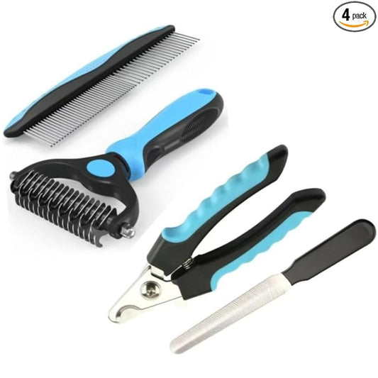 Pet Grooming Kit, double-sided undercoat brush and stainless steel pin comb. Ideal for grooming and removing long & matted hair of cats and dogs. (4-piece set)