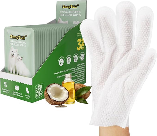 Pet Glove Wipes for Dogs & Cats, 32 Individually Wrapped Packs, Safe for Sensitive Skin, Quick Deodorizing, Loose Hair Removal, Full Body Grooming for Fur, Paws, Eyes & Ears, Bath & Travel