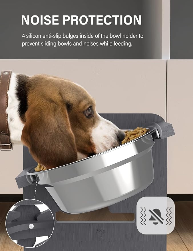 Vantic Elevated Dog Bowls, Adjustable Raised Dog Bowl Stand for Small Puppy and Cats, Sturdy Bamboo Pet Food Feeder with 2 Stainless Steel Dishes, Gray