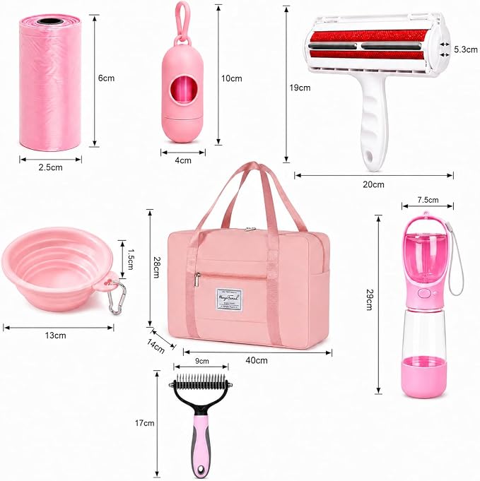 PawKit- All-in-one Dog Travel and Grooming Kit:- Deshedding Rake, Portable Water Bottle Feeder, Pet Hair Lint Roller, Collapsible Bowl, Poop Bag Dispenser, and a Travel Storage Bag. (Pink)