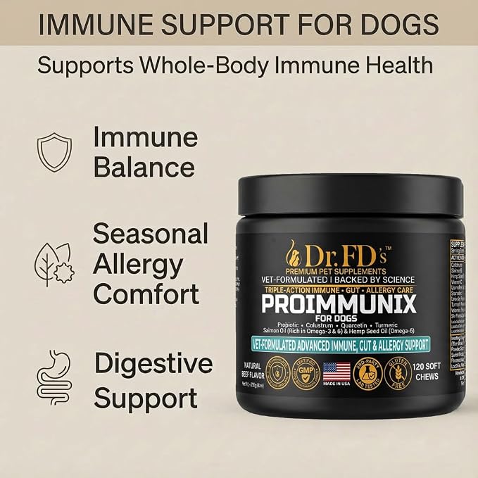 Dog Probiotics for Dogs | Immune & Allergy Support with Colostrum for Gut Health | 120 Soft Chews | Made in USA | Dr. FD’s ProImmunix