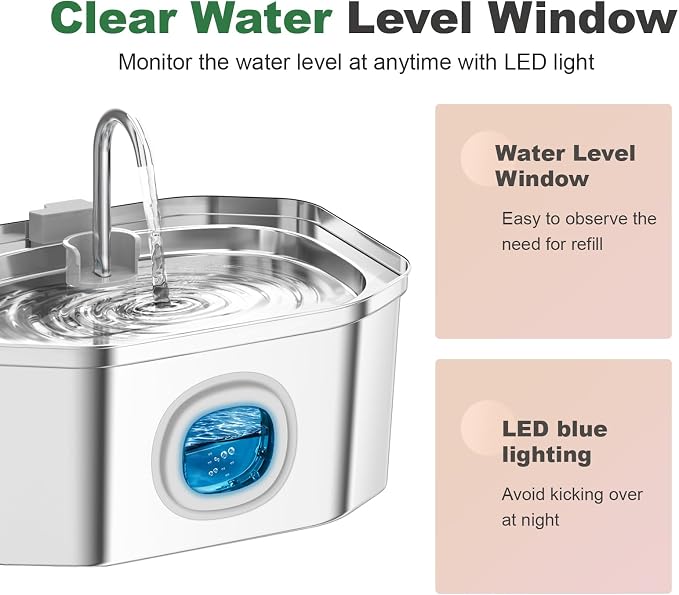 Cat Water Fountain, Apauk 108oz/3.2L Silent cat Water Fountain Stainless Steel, Cat Fountain, Automatic Dog Water Fountain,Controllable Blue Light - (2 Filters& 2 Sponges)