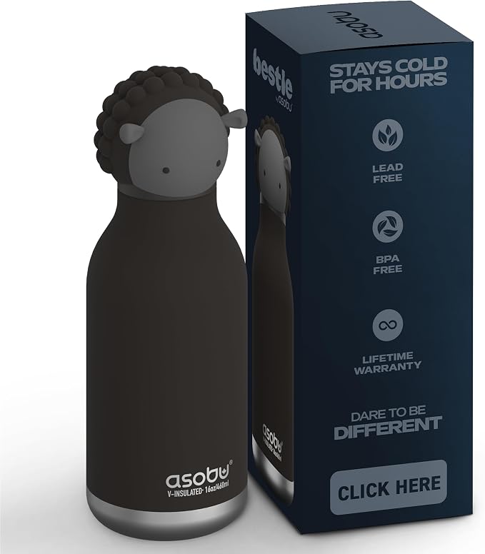 asobu Bestie Bottle Insulated Stainless Steel Water Bottle with Detachable Soft Animal Head Fun Drinking For Kids and Teens16 Ounce (Black Sheep)