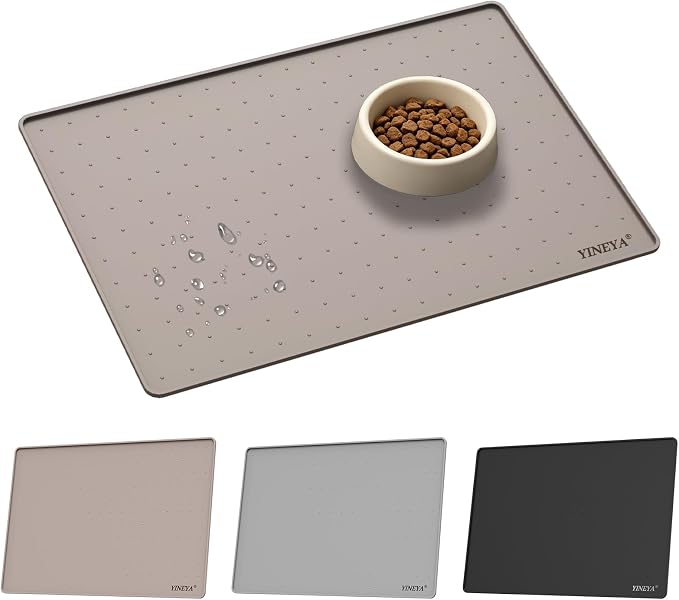 YINEYA Silicone Dog & Cat Food Mat Waterproof 18" x 12", Raised Edge Dog Bowl Mat for Food and Water, BPA-Free Non-Slip Pet Feeding Mats for Floors, Multifunctional Silicone Mat (Taupe)