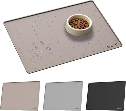 YINEYA Silicone Dog & Cat Food Mat Waterproof 18" x 12", Raised Edge Dog Bowl Mat for Food and Water, BPA-Free Non-Slip Pet Feeding Mats for Floors, Multifunctional Silicone Mat (Taupe)