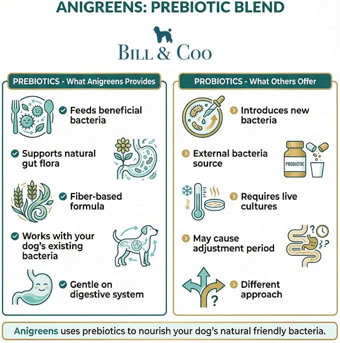 BILL & COO Anigreens Probiotics for Dogs & Cats Powder - Digestive Enzymes with Prebiotics, Superfoods & Special Fibers for Gut Health, Diarrhea Relief & Immune Support - Made in USA, 90g