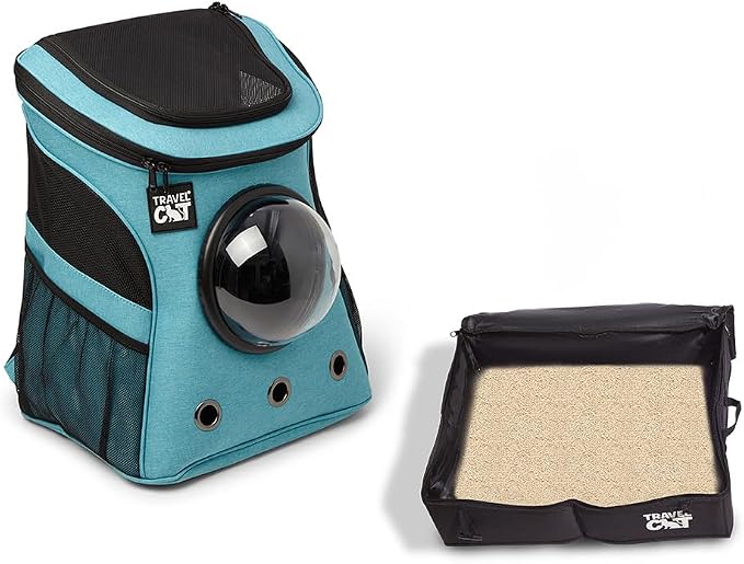 Fat Cat Airline-Approved Backpack Carrier with Space Capsule Bubble & Portable Collapsible Litter Box – Aqua Cat Travel Set for Small Cats and Kittens, Perfect for Outdoor Adventures and Travel