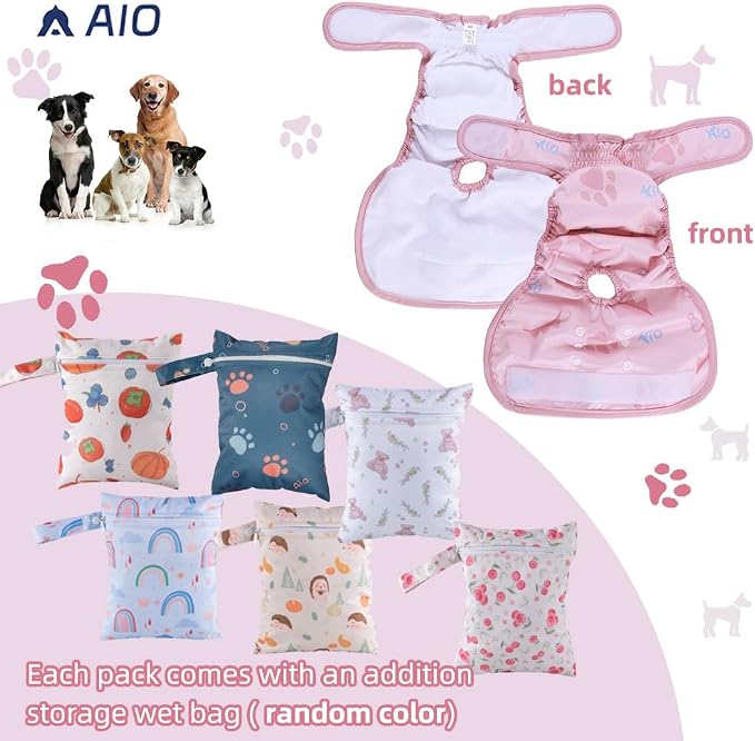 AIO Dog Diapers Female(3 Pack), Small Medium Large Highly Absorbent Wraps Reusable Dog Diapers Female