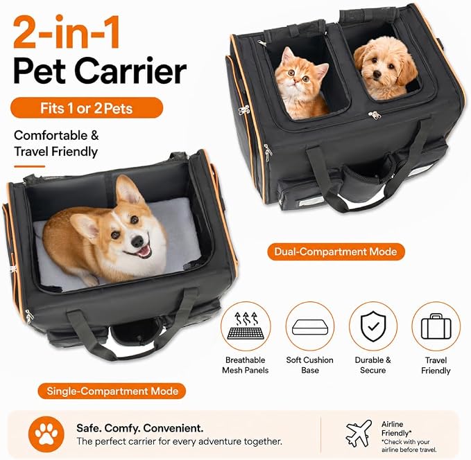 2 in 1 Large Rolling Cat Carrier for 2 Cats, Expandable Double Pet Carrier with Wheels, Removable Divider, Travel Crate for Car/Camping/Vet