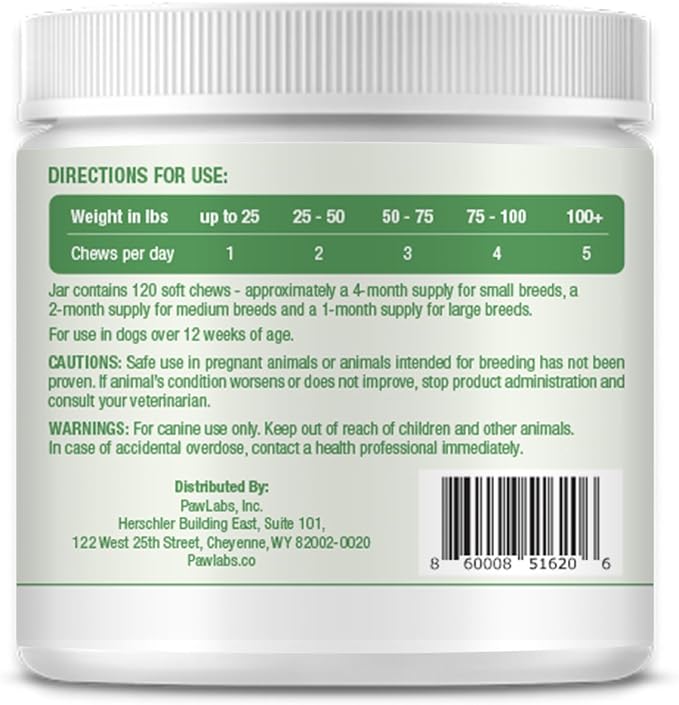 PAWLABS Calming Hemp Chews for Dogs - Relieve Anxiety & Stress - Organic Hemp, Chamomile, Protein Powder, Valerian Root - Natural Calming Aid - Vet Formulated, USA Made - Duck Flavor - 120 Count