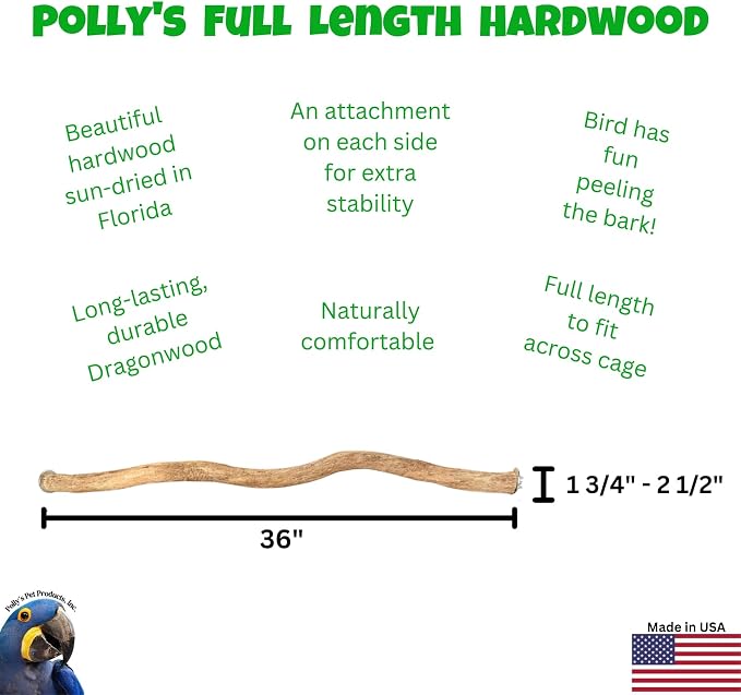 Polly's Full Length Hardwood Cage Perch for Parakeets, Cockatiels, Cockatoos, Macaws, and Other Birds (36")