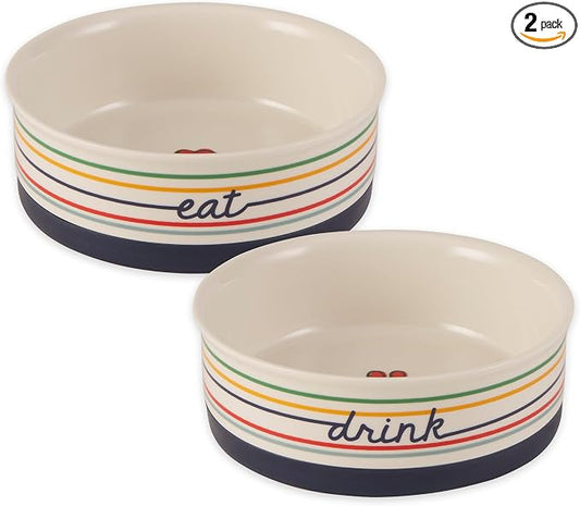 Bone Dry Ceramic Food Bowls, Non-Slip & Dishwasher Safe, Medium Set, 6x2 Eat/Drink