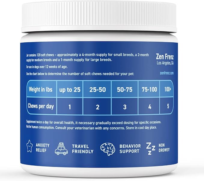 Zen Bites - Calming Chews for Pets - 120 Count - Organic Hemp Soft Chews for Dogs & Cats - Stress Relief - Promotes Relaxation - Thunderstorms - Fireworks - Travel Friendly