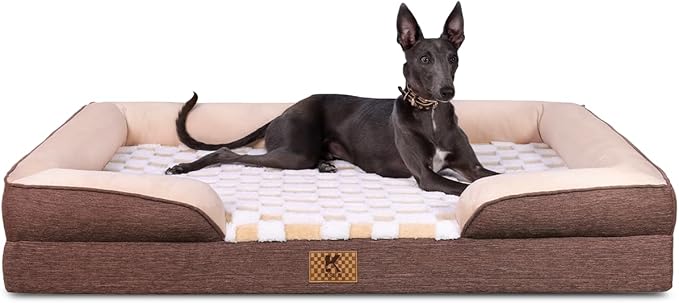 KSIIA Waterproof Dog Bed Orthopedic for Large Senior Dog Couch with Sides, Extra Thick Supportive Pet Bed Sofa with Soft Plush Cover and Non-Slip Bottom, 44 x 32 Inch, Brown