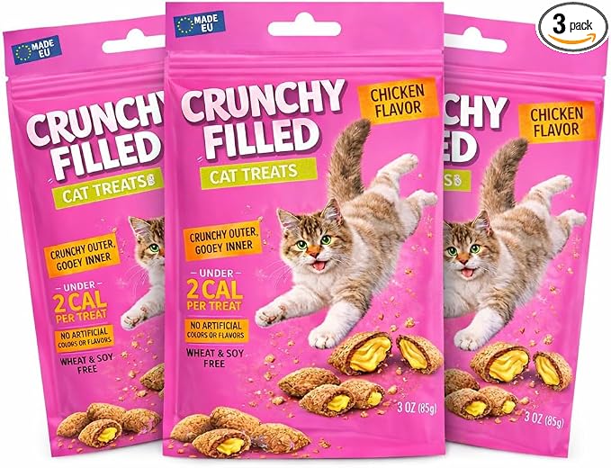 Calming Cat Treats for Indoor Cats – Crunchy Soft Pillow Bites with Gooey Center – Chicken Low Calorie Kitty Treats – Cat Snacks Food Topper Training Reward Wheat Soy Free Healthy Dental – 9oz