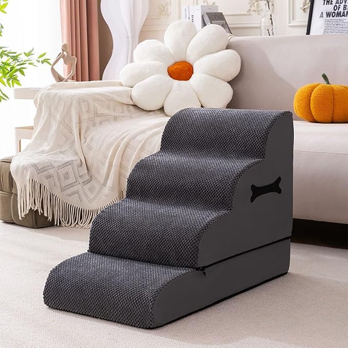 4-Step Dog Stairs for Bed – Non-Slip Foam Pet Steps for Small & Large Dogs, Stable Dog Steps for Couch & High Beds, Ramp Alternative for Senior Dogs & Cats, Grey