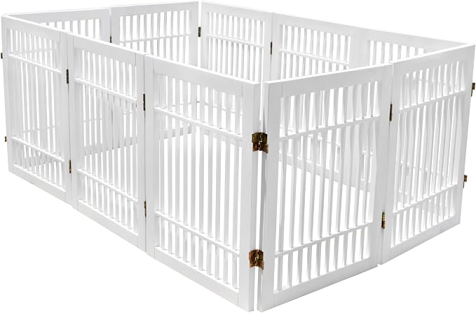 Urnporium Pet Dog Gate Freestanding, Strong Durable Folding Wooden Fence, Portable Acacia Hardwood Safety Barrier for Indoor & Outdoor Use (White Pet Gate, 10 Panel 24" Tall)
