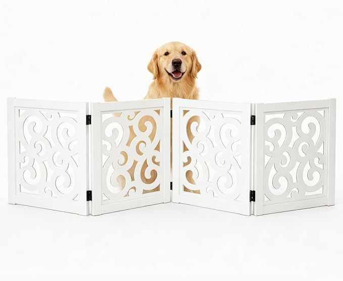 Ashfield & Harkness: 4-Panel Pet Gate - Scroll White - Wooden Foldable Freestanding Dog Fence, 80 x 23.5, Doorways-Halls-Stairs, 360 Rotated Hinges