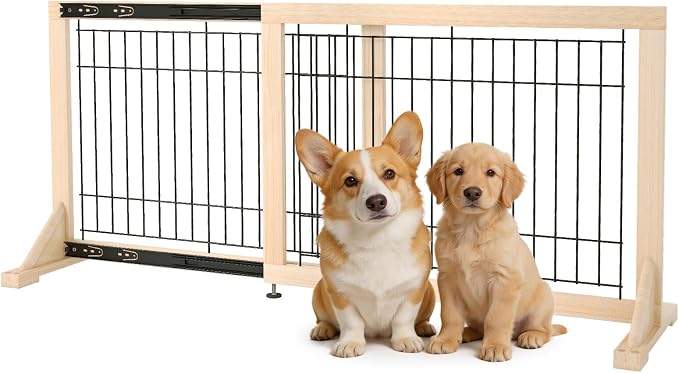 Extra Wide Freestanding Dog Gate, Adjustable Width 31.5"–61", 23.6" Tall Indoor Pet Gate for Kitchen, Living Room & Stairs, Wooden Metal Frame No-Drill Pet Barrier