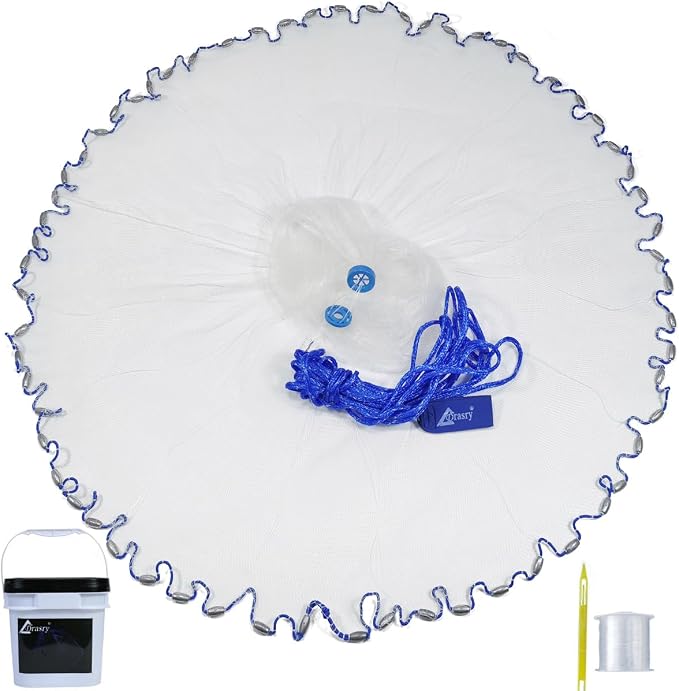 Drasry Saltwater Fishing Cast Net for Bait 3/8 1/4 or 1/2 with Heavy Sinkers Fish Trap Throw Net. Size 3ft/4ft/5ft/6ft/7ft/8ft/9ft/10ft Radius Freshwater Nets