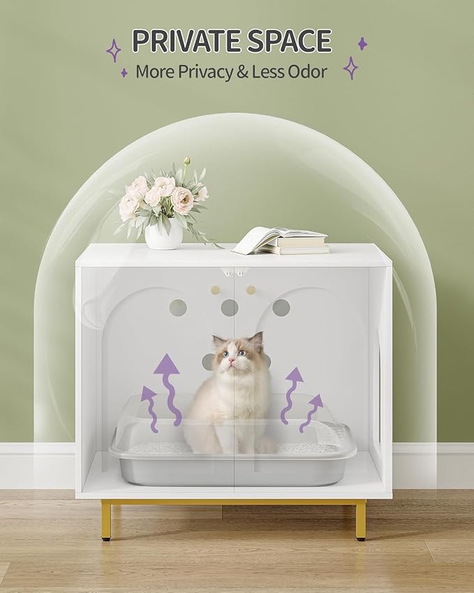 Hzuaneri Cat Litter Box Enclosure, Hidden Litter Box Furniture Cabinet, Wooden Indoor Cat House, Side End Table, Living Room, Bedroom, White and Gold CB85003G
