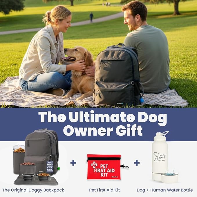 Dog Travel Bag for Supplies - Complete Dog Diaper Bag Backpack with 2 BPA-Free Travel Bowls, Treat Pouch, Food Container, Placemat & Laptop Sleeve – for Traveling, Road Trips, Hiking: Dk Grey