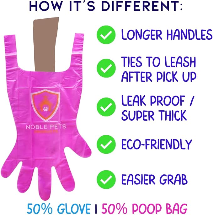 Noble Pets Dog Gloves - 8+ Ways to Use Them| Leak Proof | Extra Long Tie Handles | Eco-Friendly (Pink, 160 gloves)