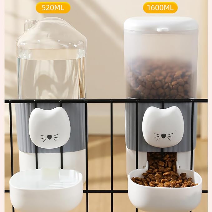 Hanging Automatic Food and Water Dispenser for Rabbit, Guinea Pig, Ferret, Bunny Cage Accessories, Feeder Bottle Combo (Grey)