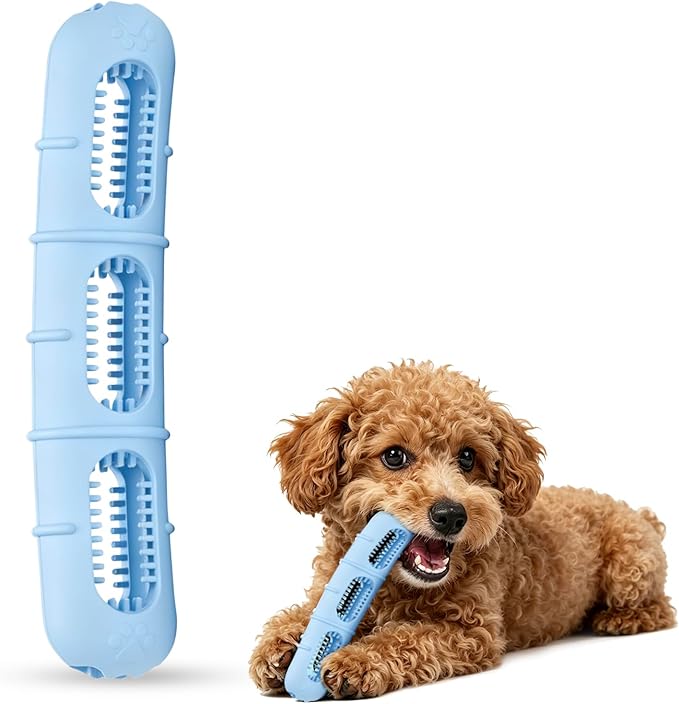 Bite and Brush Puppy Rubber Chew Toy for Teething, Chew Toys for Dogs with Bristles, Stuffable Rubber Teether for Small Medium Dogs, BPA-Free, Teeth Cleaning & Teething Relief, Keeps Puppy Busy (Blue)