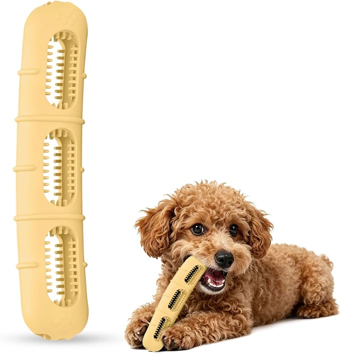 Puppy Rubber Chew Toy for Teething, Chew Toys for Dogs Small Breed with Bristles, Stuffable Puppy Teething Toy, BPA-Free Teeth Cleaning & Teething Relief, Keeps Dog Busy (Yellow)