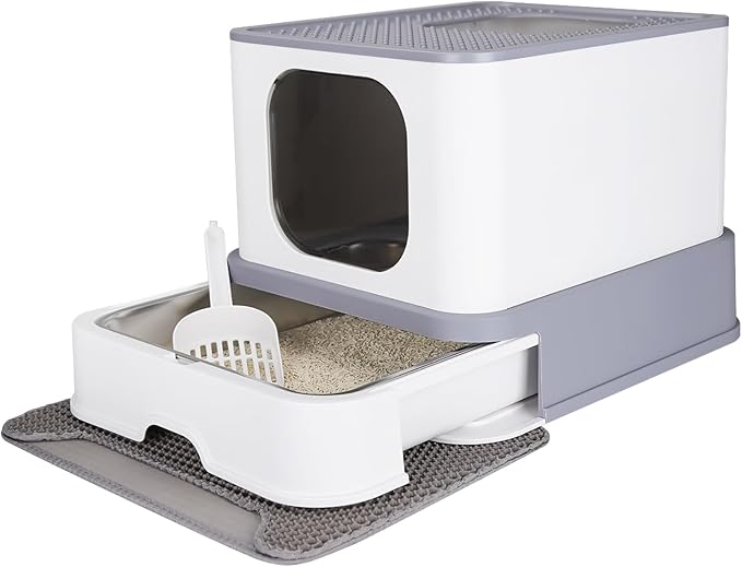 RIZZARI Foldable Cat Litter Box with Lid, Stainless Steel Litter Box with Litter Scoop, Top Entry Cat Toilet for Small to Big Cats (Light Gray)