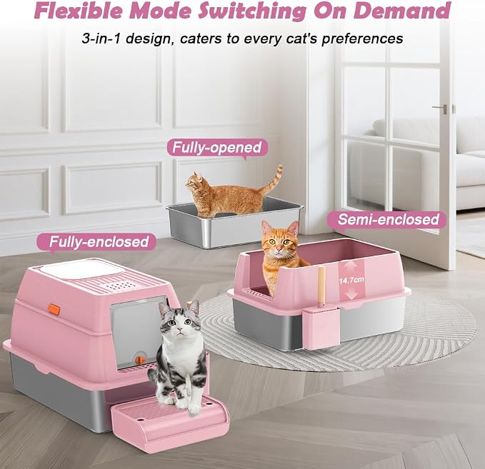 SZEE XL Stainless Steel Litter Box with Lid, Extra Large Metal Covered Litter Box, Stainless Box Easy Clean, Activated Charcoal Odor Control Design, Includes Litter Scoop & Mat & Step, Pink