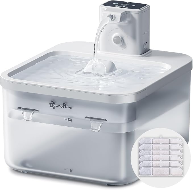 DownyPaws White Battery Operated Water Fountain Cats Wireless Fountain with 6 pcs Replacement Filters for 3 Months
