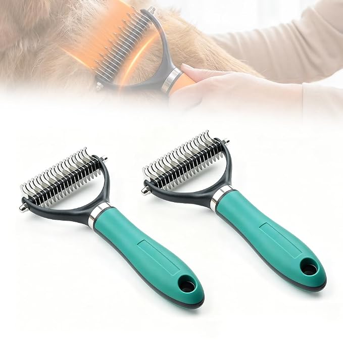 Double-Sided Pet Grooming Brush, 2026 New Undercoat Rake for Long Haired Pets, Durable Dematting Tool for long haired cats, Easy Grip Fur Remover Comb for home use (1, Green)