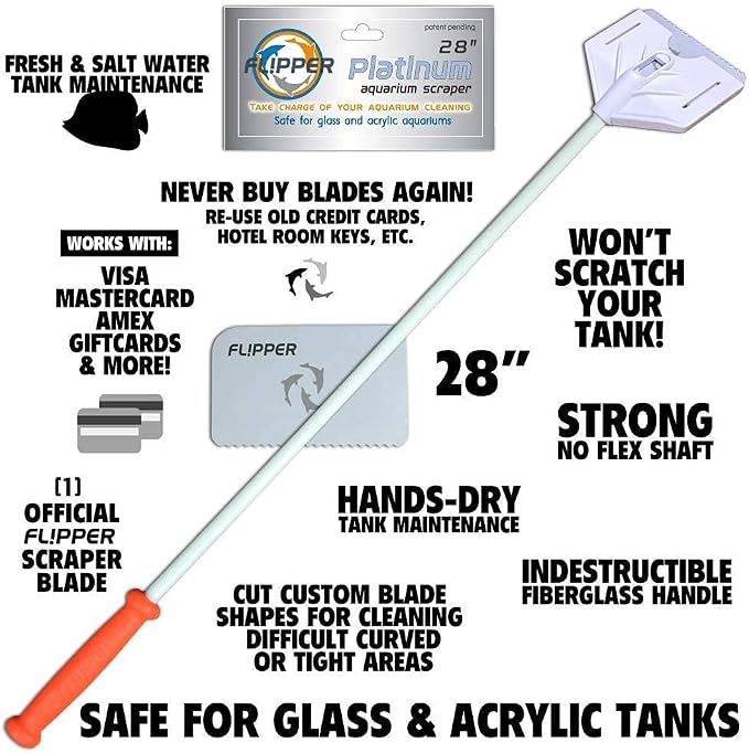 Flipper Platinum Aquarium Hand Scraper Tool – Glass and Acrylic Fish Tank Cleaner – Aquarium Glass Cleaner - Aquarium Glass Scraper with Serrated Blade 28"