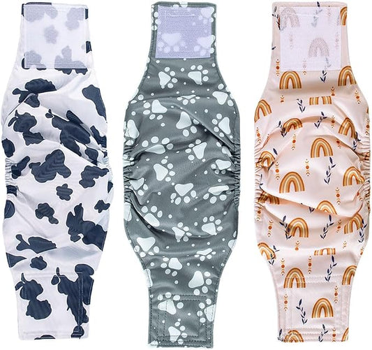 AIO Washable Male Dog Belly Band Pet Diapers Cute Claws Washable Male Puppy Diapers Belly Bands Reusable Dog Diapers Dog Diapers Male M(Rainbow,Cow Pattern,Gray Claws)