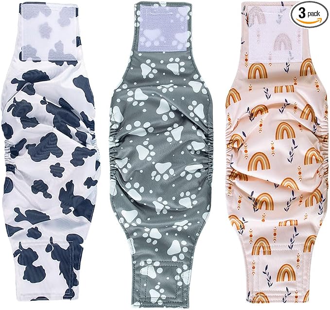 AIO Washable Male Dog Belly Band Pet Diapers Cute Claws Washable Male Puppy Diapers Belly Bands Reusable Dog Diapers Dog Diapers Male XL(Rainbow,Cow Pattern,Gray Claws)