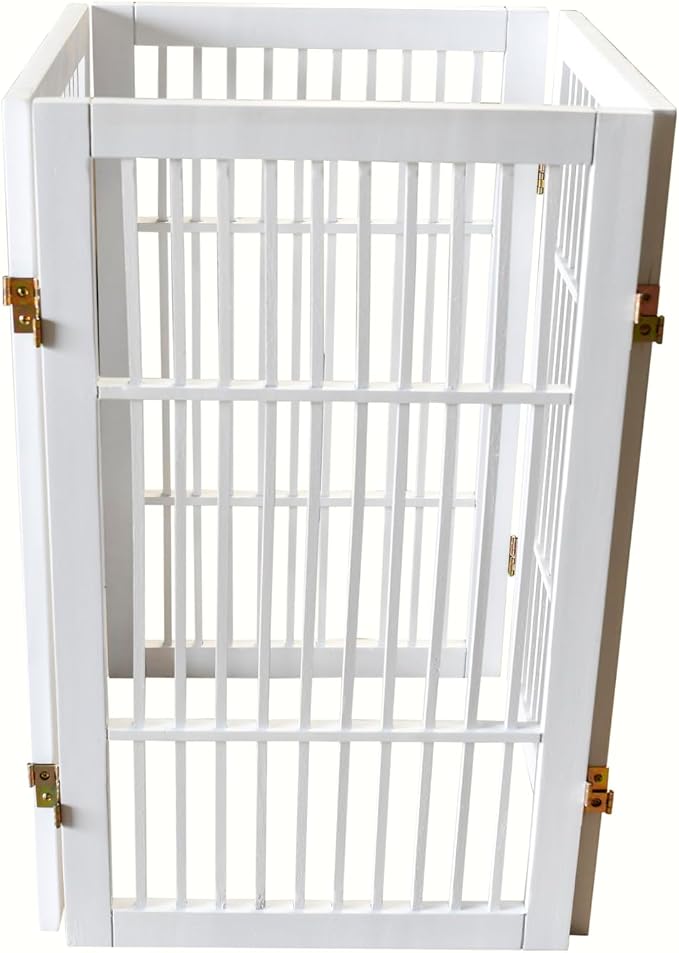 Urnporium Pet Dog Gate Freestanding, Strong Durable Folding Wooden Fence, Portable Acacia Hardwood Safety Barrier for Indoor & Outdoor Use (White Pet Gate, 4 Panel 30" Tall)