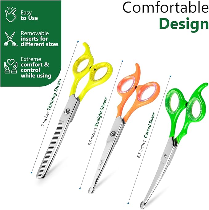 Laazar Dog Grooming Scissors Kit, Pet Grooming Scissors Set – Straight, Curved & Thinning Shears | Grooming Scissors for Dogs at Home | Safety Round Tips, Colorful Handles