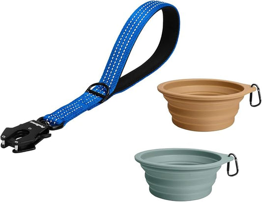PetBonus Heavy Duty 12 Inch Short Dog Leash and 2-Pack Large Silicone Collapsible Dog Bowls