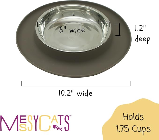 Messy Cats Single Silicone Feeder with Stainless Saucer Shaped Bowl | Anti-Slip Non-Skid Cat Food Bowl | One Cat Bowl in Feeding/Water Station | 1.75 Cups (Grey)