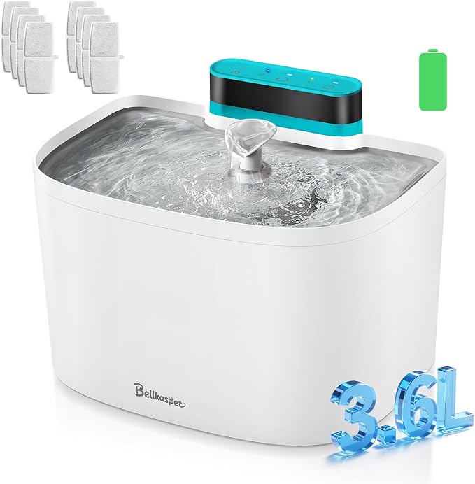 Cat Water Fountain, 122oz/3.6L Pumpless Wireless Cat Fountain, Cordless Water Fountains for Cats Indoor, Battery Operated Dog Pet Water Fountain with Stainless Steel Tray (White, Fountain+8 Fliters)