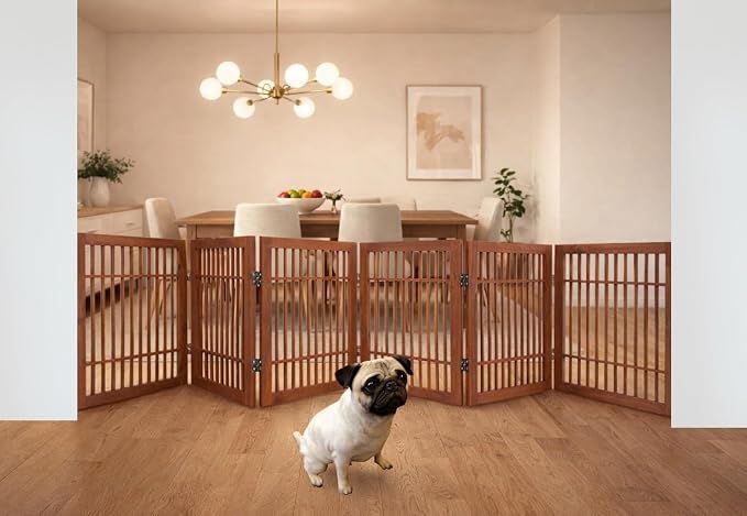Urnporium Freestanding Wooden Dog Gate Foldable Indoor Pet Gate No Drill Expandable Barrier for Doorways Stairs Hallways Portable Wood Fence for Small Dogs & Puppies (Brown Pet Gate, 6 Panel 24" Tall)