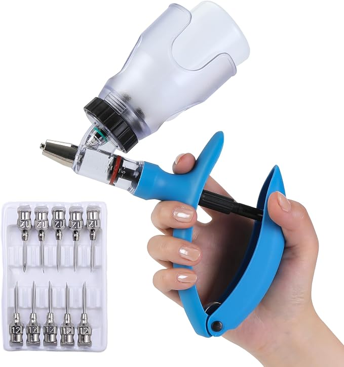 5ML Livestock Syringe Gun, Automatic Self Refill Injection Gun Continuous Adjustable Bottle Attachment Livestock Animal Syringe with 10 Needles, for Chicken, Duck, Pig, Sheep, Cow Poultry (Blue)