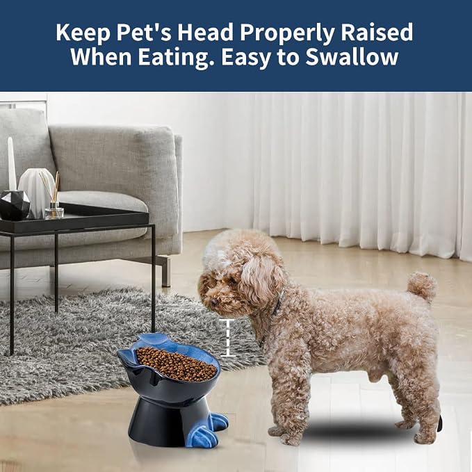 Nihow Elevated Ceramic Dog Bowls: 6.5 Inch Raised Small Dog Bowl for Food & Water - Food Safe Bowl for Medium/Small Size Dogs - Vivid Blue Puppy Bowls for Protecting Pet's Spine (1 PC)