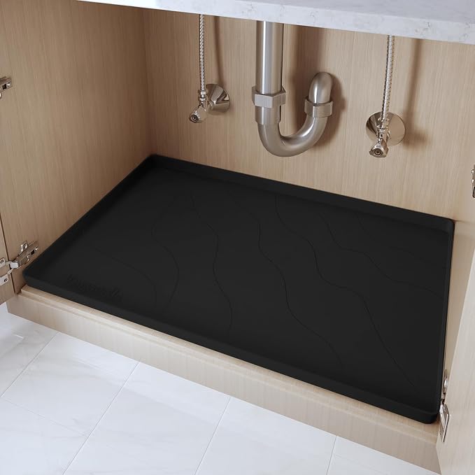 Heavy Duty Silicone Under Sink Mats for Kitchen Waterproof 40" x 22", Extra Thick Under Sink Rubber Mat Drip Tray, Raised Edge Under Sink Liner,Prevent Drips, Leaks, Spills,Black