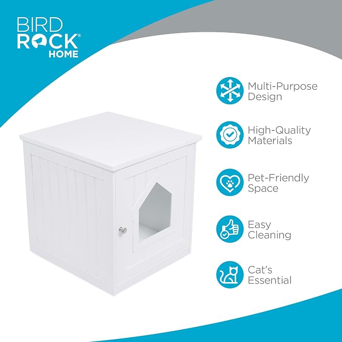 BIRDROCK HOME Cat Litter Box Furniture Enclosure - Hidden Kitty Litter Cat House with Hinged Door, Nightstand, Side Table & Pet Crate, Indoor & Outdoor Wood Cabinet for Small Cats and Dogs - White