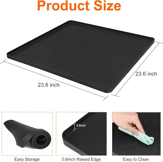 Mini Fridge Mat Set of 2, 19.7x19.7x0.6 Inch Non-Slip Thick Under Refrigerator Silicone Mat, Leak-Proof Washer Drip Tray for Carpet Floor Protection, Black